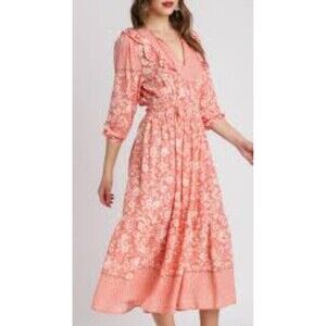 Umgee Pink Floral Prairie Border Print Tassel Tie 3/4 Sleeve Mini Dress …